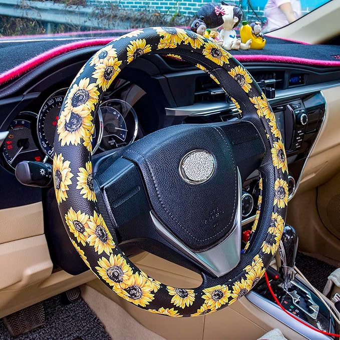 Evankin Sunflower Steering Wheel Cover Cute and Handmade,Leather Universal Steering Wheel Cover 15 inch, Fashionable Boho Sun
