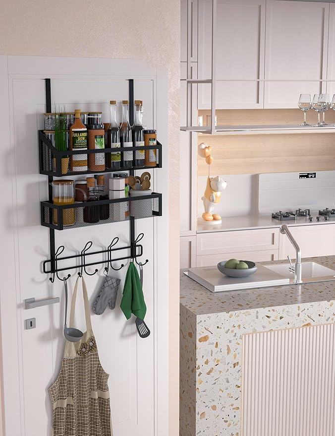 Over The Door Hooks Organizer Storage - Over The Door Hanger for Coat Rack, Storage with 12 Hook & 2 Mesh Baskets, for Bathro