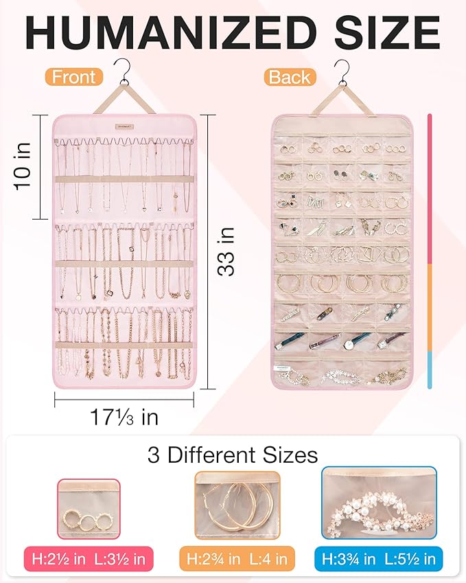 BAGSMART Hanging Jewelry Organizer Storage Roll with Hanger Metal Hooks Double-Sided Jewelry Holder for Earrings, Necklaces, 