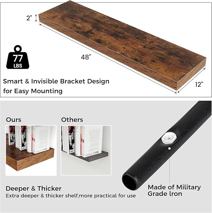 Floating Shelves for Wall, 48 Inch Wide x 12 Inch Deep Floating Shelves, Long Wood Floating Wall Shelf Shelves for Living Roo