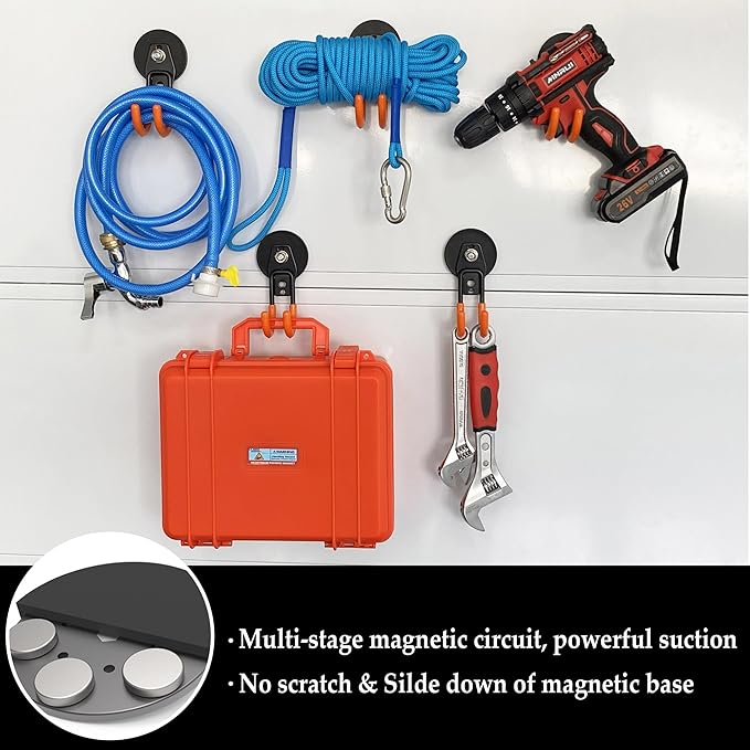 ULIBERMAGNET Garage Magnetic Hooks, 4 Pack Black Heavy Duty Large J Hooks with Magnet, Black Strong Anti-Slip Coating Magnet 