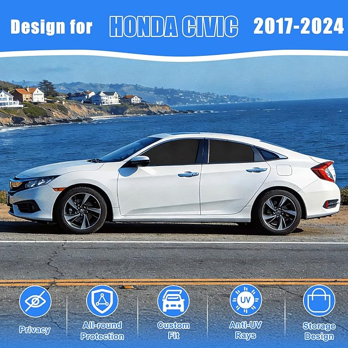 ZATOOTO Car Window Shades for Civic 2017-2024, Custom Fit Suede Car Window Covers for 100% UV & Privacy Protection, Heat Insulation, 4 Packs Side Window Sun Shade for Family Travel, Baby, Pets
