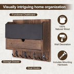 Mail and Key Holder Wall Mount with Storage Drawer – Modern Wooden Mail Organizer for Wall Entryway, 7 Key Hooks & Chalkboard