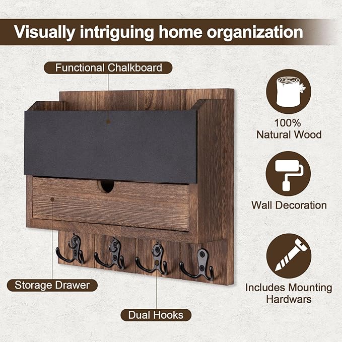 Mail and Key Holder Wall Mount with Storage Drawer – Modern Wooden Mail Organizer for Wall Entryway, 7 Key Hooks & Chalkboard