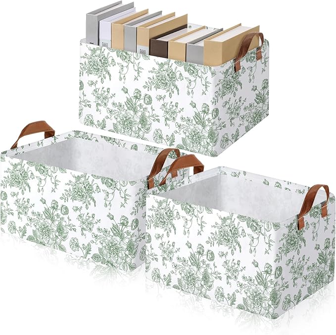 Boao 3 Pcs Sage Green Floral Storage Bin Collapsible Large Storage Baskets for Gifts Canvas Laundry Basket Foldable Box with 