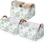 Boao 3 Pcs Sage Green Floral Storage Bin Collapsible Large Storage Baskets for Gifts Canvas Laundry Basket Foldable Box with 