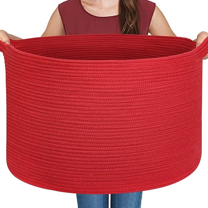 MEGASKET Extra Large Red Basket for Organizing, 22" X 22" X 14" Woven Cotton Rope Bins for Blankets, Baby Nursery Wicker Laun