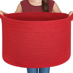 MEGASKET Extra Large Red Basket for Organizing, 22" X 22" X 14" Woven Cotton Rope Bins for Blankets, Baby Nursery Wicker Laun