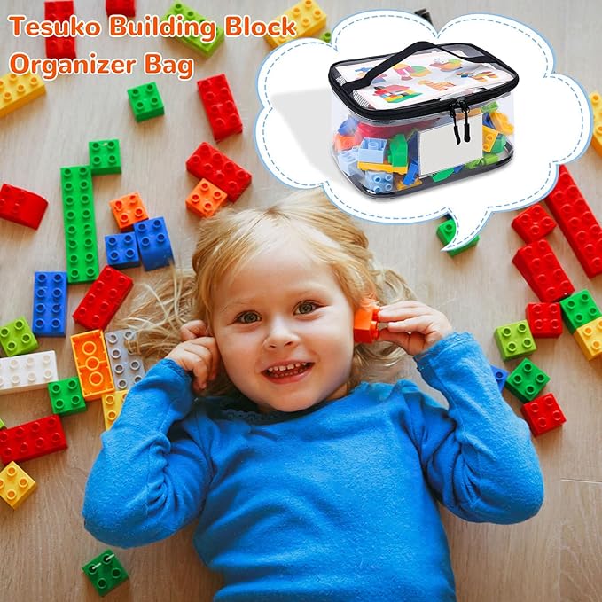 Tesuko 6 Pack Clear Toy Storage Bag with Name Tag& Manual Pocket, Waterproof Transparent PVC Toy Organizer Case for Lego Bric