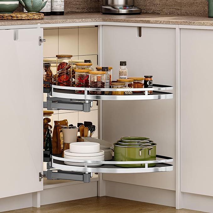 DWVO Corner Cabinet Pull-Out Organizer, 2-Tier Blind Corner Shelf with 270° Swing-Out Tray, Left Swing, Heavy-Duty Chrome Pla