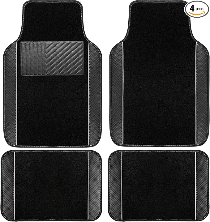 NBTEPEM Waterproof Universal Fit Car Floor Mats, Faux Leather Sporty Car Carpet Mats with Anti-Slip Nibbs Backing & Driver Heel Pad Fit for SUV, Vans, Sedans, Trucks, Set of 4 (Black with Gray line)