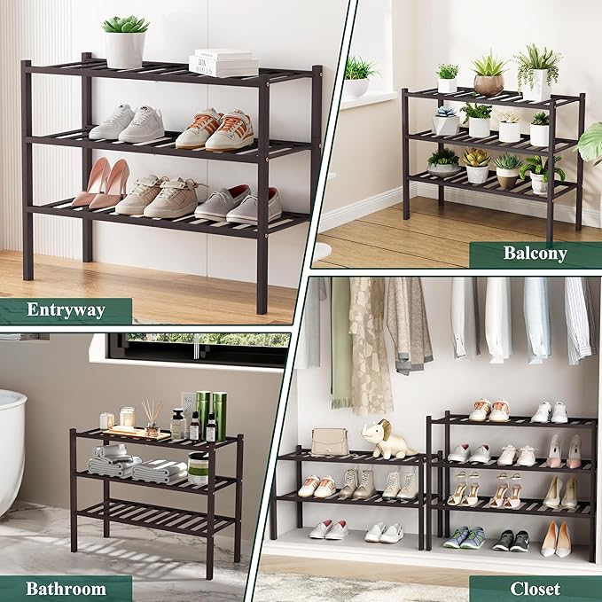 Smiry Shoe Rack, 4 Tier Long Bamboo Shoe Organizer, Stackable Free Standing Wooden Shoe Storage Shelf for Closet, Entryway, F