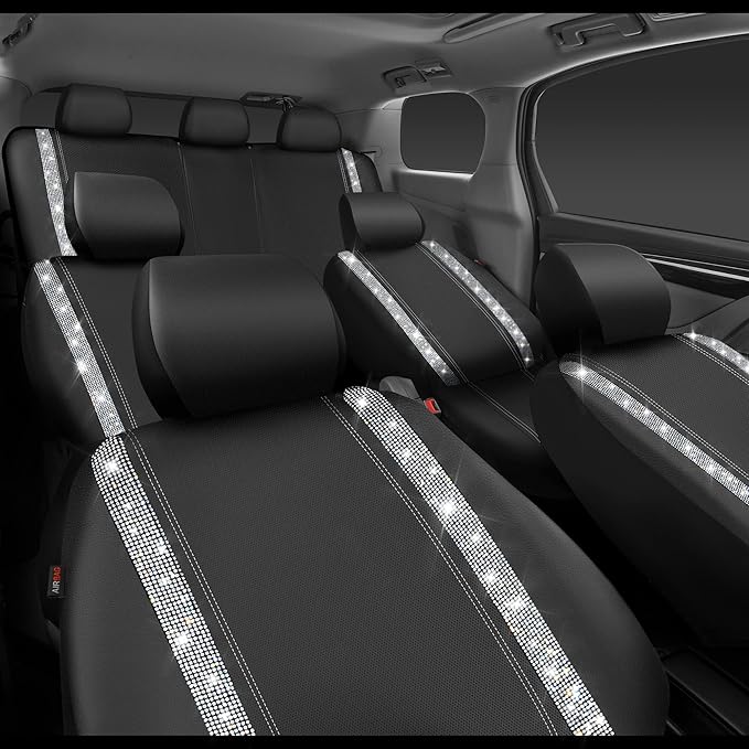 CAR PASS Bling Diamond Car Seat Covers, Shining Rhinestones Waterproof Faux Leather, 7 Seats 3 Rows with Zipper Glitter Crystal Sparkle Strips Universal Fit 95% MPV,SUV,CAR for Women Girl, Silver