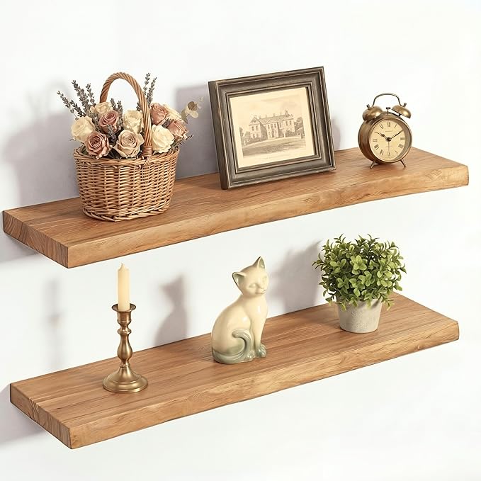 PERFNIQUE 36 Inch Floating Shelves Set of 2, Solid Elm Wood Rustic Live Edge Wall Decor Shelves - Invisible Bracket Mount for