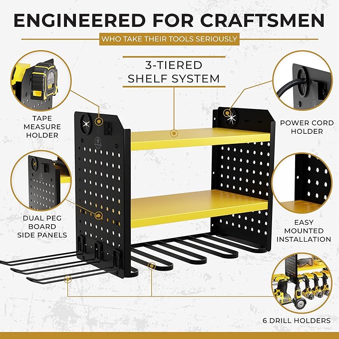 BUILTSTRONG Power Tool Organizer - 6 Drill Holder Wall Mount, 3 Tier Heavy-Duty Hand Storage Rack, Utility Racks, 2 Pegboard 