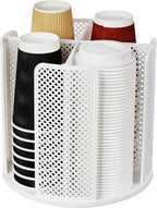 Rotating Cup Dispenser, Coffee Cup Holder with 4 Compartments, Disposable Paper Cup Organizer Fits 5 to 16 oz Cups for Kitchen Cabinets, Detachable Plastic Cup Stand & Lid Holder, White
