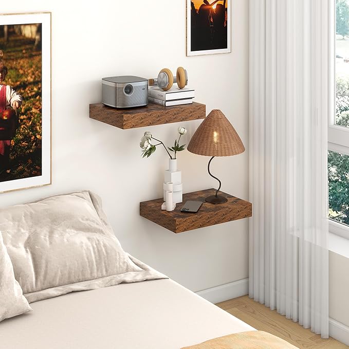 12 Inch Deep Floating Shelves | 16 Inch Brown Floating Shelves Set of 2 | 16W x 12D Rustic Shelves for Wall | Deep Wood Shelv
