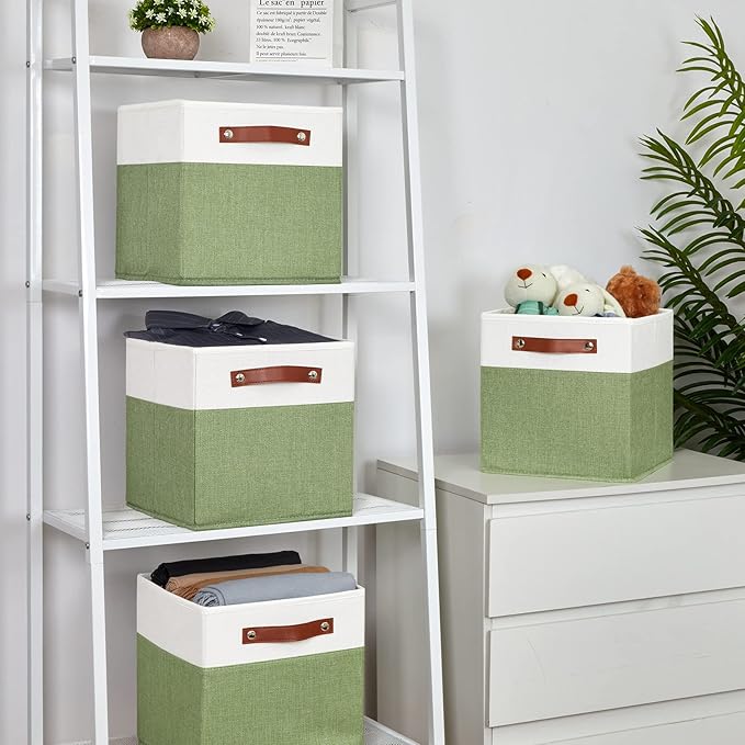 Temary Fabric Storage Bin 11x11 Cube Storage Bins for Home, 4 Pack Fabric Organizer Bins Cube Organizer Bins with Leather Han