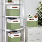 Temary Fabric Storage Bin 11x11 Cube Storage Bins for Home, 4 Pack Fabric Organizer Bins Cube Organizer Bins with Leather Han