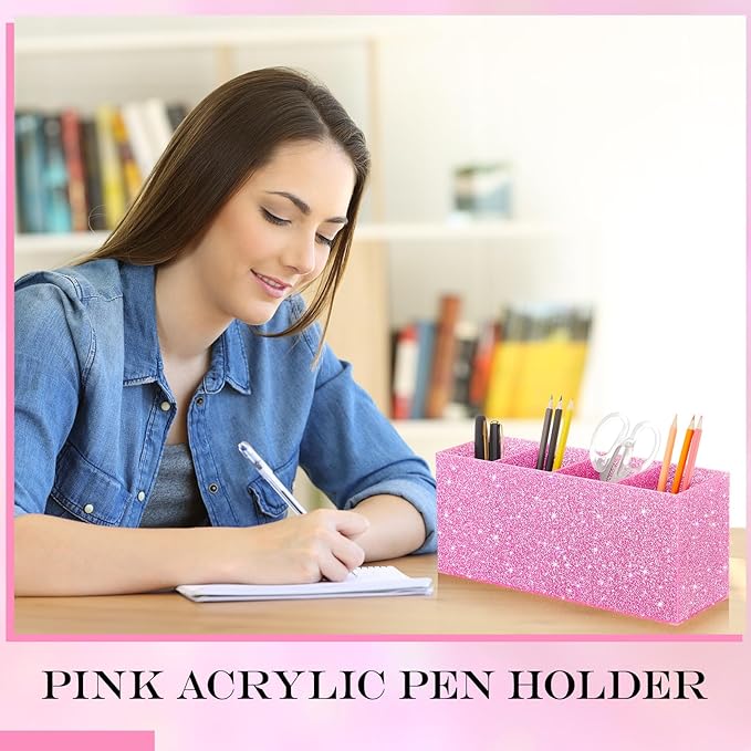 Jetec Acrylic Glitter Pen Holder 4 Compartments Bling Makeup Brush Stationery Organizer Pencil Holder for Desk Accessories Sp