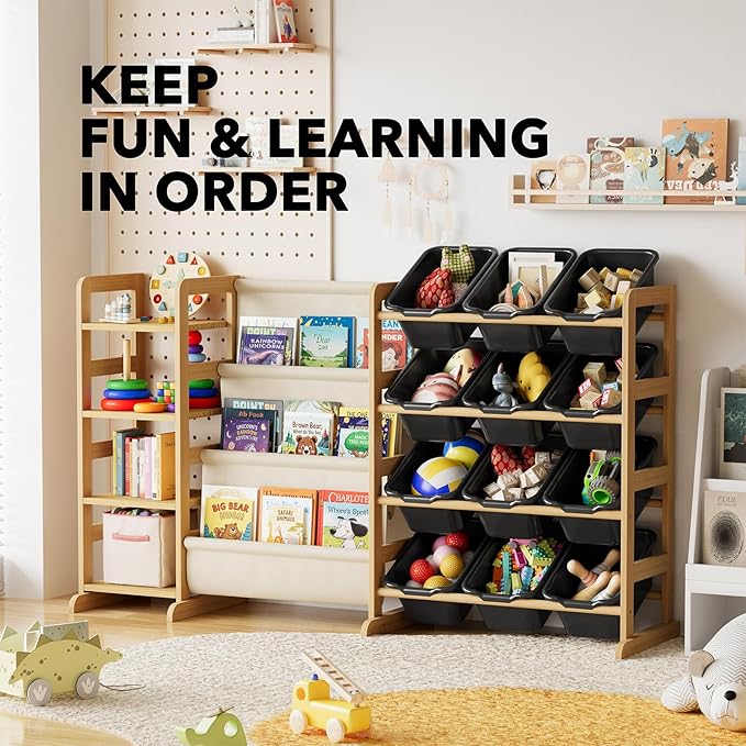 SpaceAid 3-in-1 Toy Storage Organizer with 4 Shelves and 12 Bins, Toy Organizers Storage 3-Tier Bookshelf, Kids Bin Shelf Box