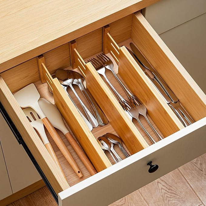 Fabsome Dresser Drawer Organizers 6 Pack, 4.65'' High Adjustable from 17-22‘’ Bamboo Drawer Dividers for Clothing Baby Clothe