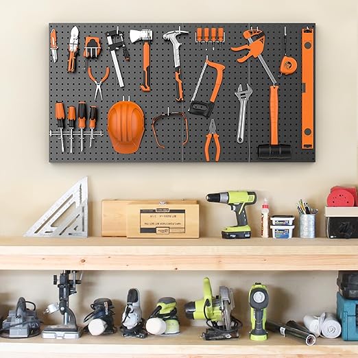 Pegboard Smith Metal Pegboard Panels 12" x 24", 4 Pack Black Wall Mounted Tool Organizer Boards, Heavy Duty Tool Storage Peg 