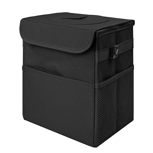 Car Trash Can Bin with Lid - Collapsible Car Garbage Can with Storage Pockets-Black Mini Leakproof Vehicle Trash Bag-Small Automotive Organizers and Storage for Back/Front Seat SUV Truck Accessories