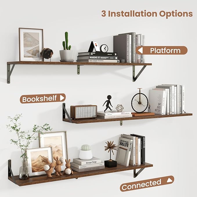 Axeman 40 Inch Floating Shelves | 8 Inch Deep Walnut Wall Shelves Set of 2 | 39.4W x 8D Rustic Wood Shelves for Bookshelf Liv