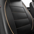 CAR PASS Universal FIT Piping Leather Two Front Seat Covers, Waterproof Faux Leather for SUV Sedan Van Truck, Airbag Compatible,Reserved Opening Holes for Headrest Covers. (Black and Beige)
