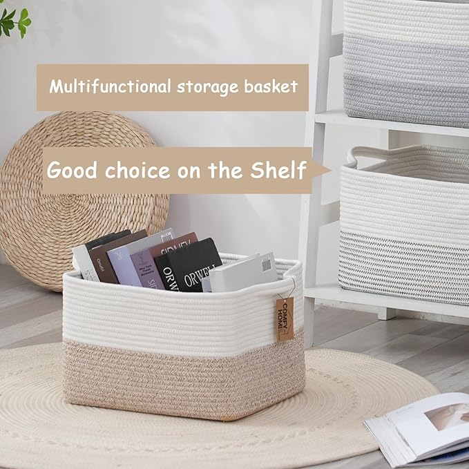 COMFY-HOMI Cotton Rope Woven Basket with Handles for Shelves,Toys,Book, Cloth Storage Baskets for Organizing-13.5" x 11" x 9.