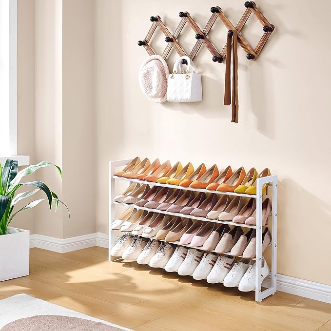 FAVOOSTY 4-Tier Expandable Shoe Rack, Adjustable Shoe Shelf Storage Organizer Space Saving Metal Free Standing Shoe Rack for 
