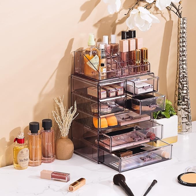 Sorbus Acrylic Makeup Organizer Set, 7-Drawer Vanity & Countertop Cosmetic Storage with Small & Wide Compartments, Purple Mak
