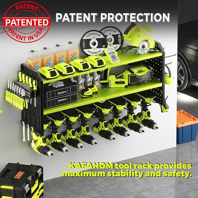 KAFAHOM Power Tool Organizer, Large 8 Drill Holder Wall Mount with 2 Side Pegboards, Heavy Duty Metal Tool Shelf with 12 Hook