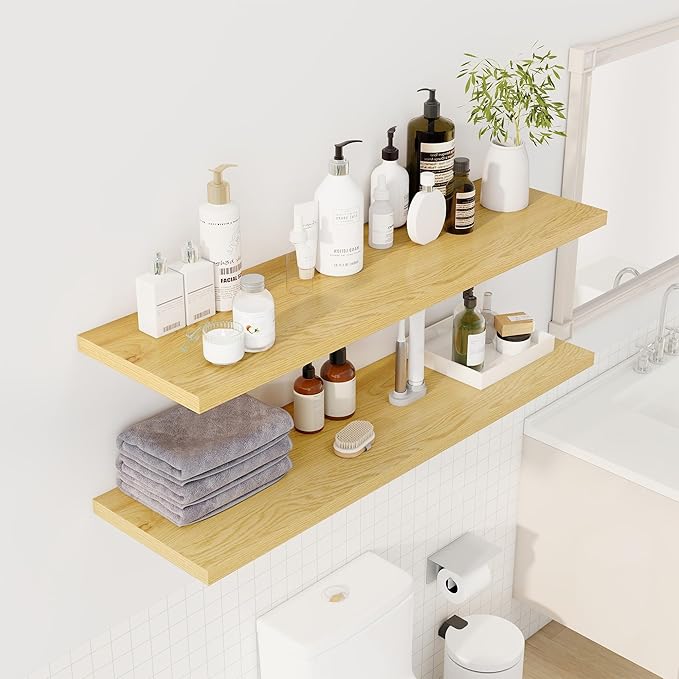 Dreamland 48" Floating Shelves for Wall, 12" Deep Slim Oak Floating Shelves, Wall-Mounted Shelves for Bedroom, Living Room, K