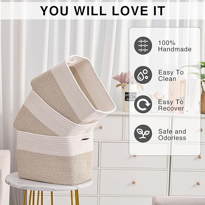 ICERZCZ Storage Baskets for Organizing, Woven Cotton Rope Basket for Storage Books, Baby Organizing Baskets, Toy Storage Bask