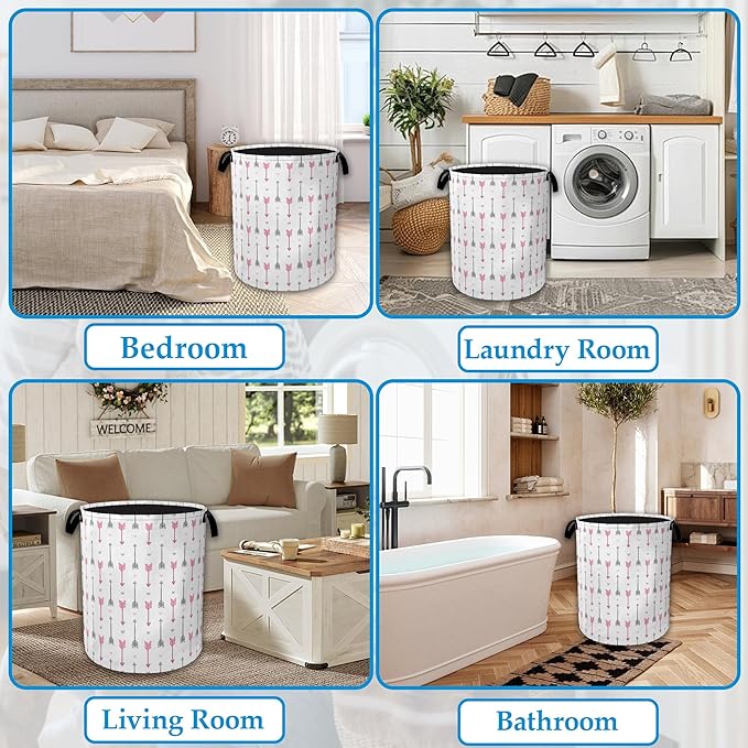Pink Arrow Laundry Basket Collapsible Laundry Hamper with Handle, Oxford Clothes Toy Storage Bin for Bathroom Bedroom Room De