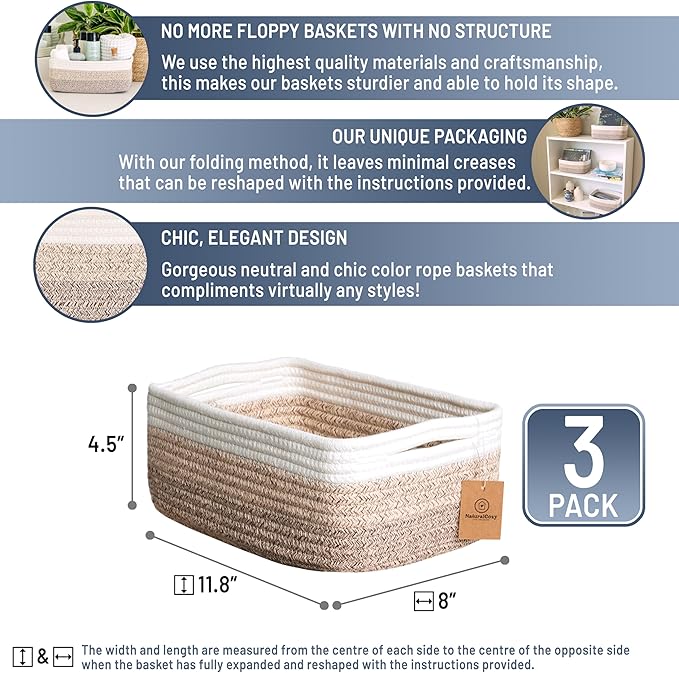 NaturalCozy 11.8"x8"x4.5” Storage Baskets for Shelves 3 Pack | Cotton Rope Woven Small Baskets for Organizing | Small Storage
