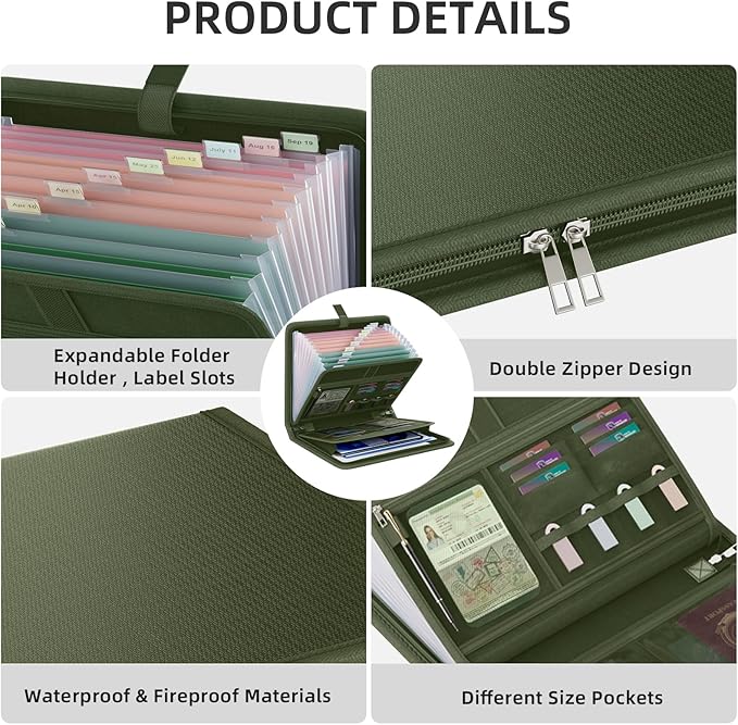 Fireproof Accordion File Organizer, Portable Expanding File Folder with Waterproof Zipper&Labels, Green Document Organizer wi