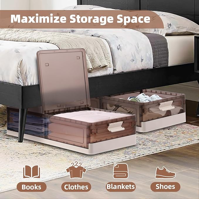 FAHKNS 2 Pack Under Bed Storage with Wheels, 17.2Gal Stackable Under Bed Storage Containers with Lids, Plastic Collapsible Or