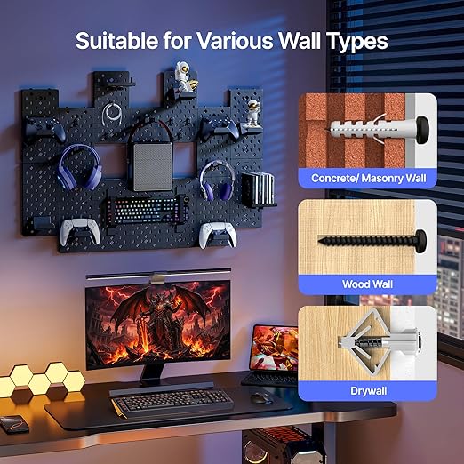 PEGZONE Controller and Headphone Holder Wall Mount, Modular Gaming Pegboard with Accessories, Controller Stand for Xbox PS5 P