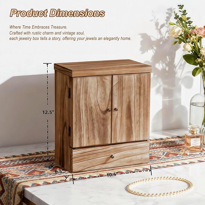 Emfogo Wooden Jewelry Box for Women, 6-Tier Large Jewelry Organizer Boxes with Mirror Rustic Solid Wood jewlery Storage Displ