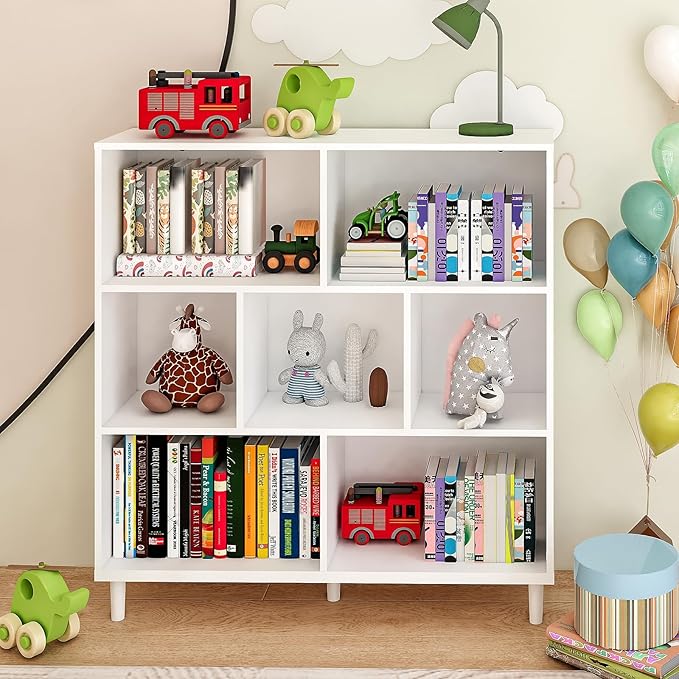 7 Cube Storage Organizer | Bookshelf with Legs|Wall Bookshelf| 3 Shelf Bookcase | -Cubic Storage Cabinet（Storing Books,Toys &