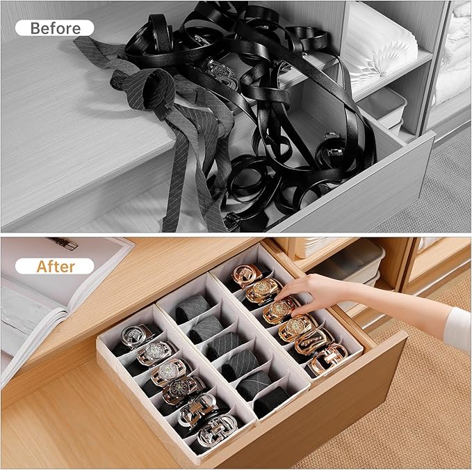 3 Packs Fabric Belt Organizer, 6 Grids Belt Organizer for Closet and Drawer, Foldable Dresser Drawer Organizers,Tie Storage -