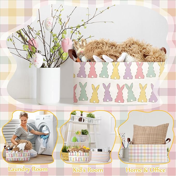 Boao 3 Pcs Easter Storage Bin Rectangular Bunny Basket Box with Handle Collapsible Large Storage Baskets Foldable Rabbit Box 