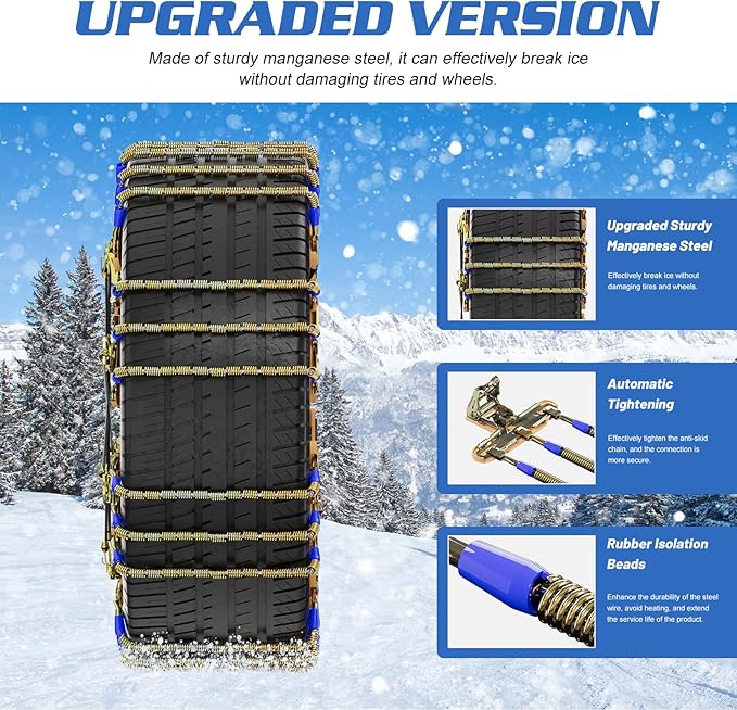Upgraded Snow Chains 8 Pack, Tire Chains for Passenger Cars, Pickups, and SUVs, Universal Adjustable Emergency Portable Snow 