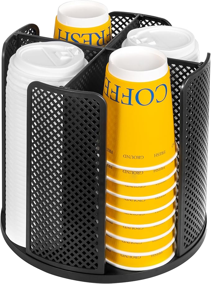 4-Compartment Rotating Paper Cup Holder & Coffee Cup Lid Storage Dispenser, Plastic Cup Dispenser Removable, Space-Saving Cou