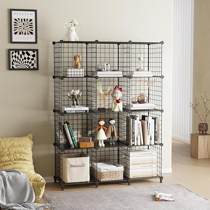 12-Cube Storage Organizer, Metal Wire Cube Shelving Unit, 11.8" L x 11.8" W x 11.8" H, Modular Grid Bookshelf for Closet, Bed
