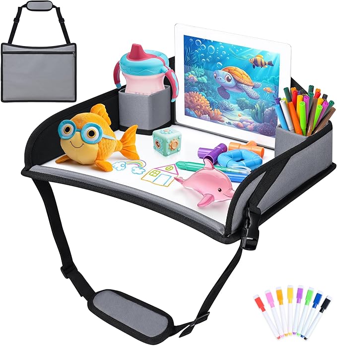 Kids Travel Tray for Toddler Carseat, Road Trip Activities Essentials for Toddler, Kids Lap Desk Tray with Tablet Holder Stand ＆ Dry Erase Board (Grey)