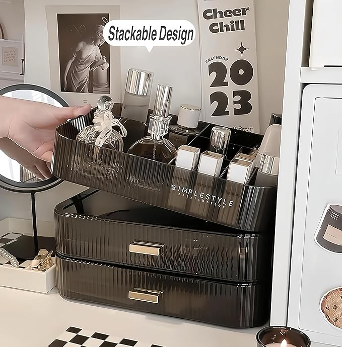 Makeup Organizer for Vanity, Large Desk Organizer with Stackable Drawers for Cosmetics, Skin Care, Lipsticks, Palette, Nail C
